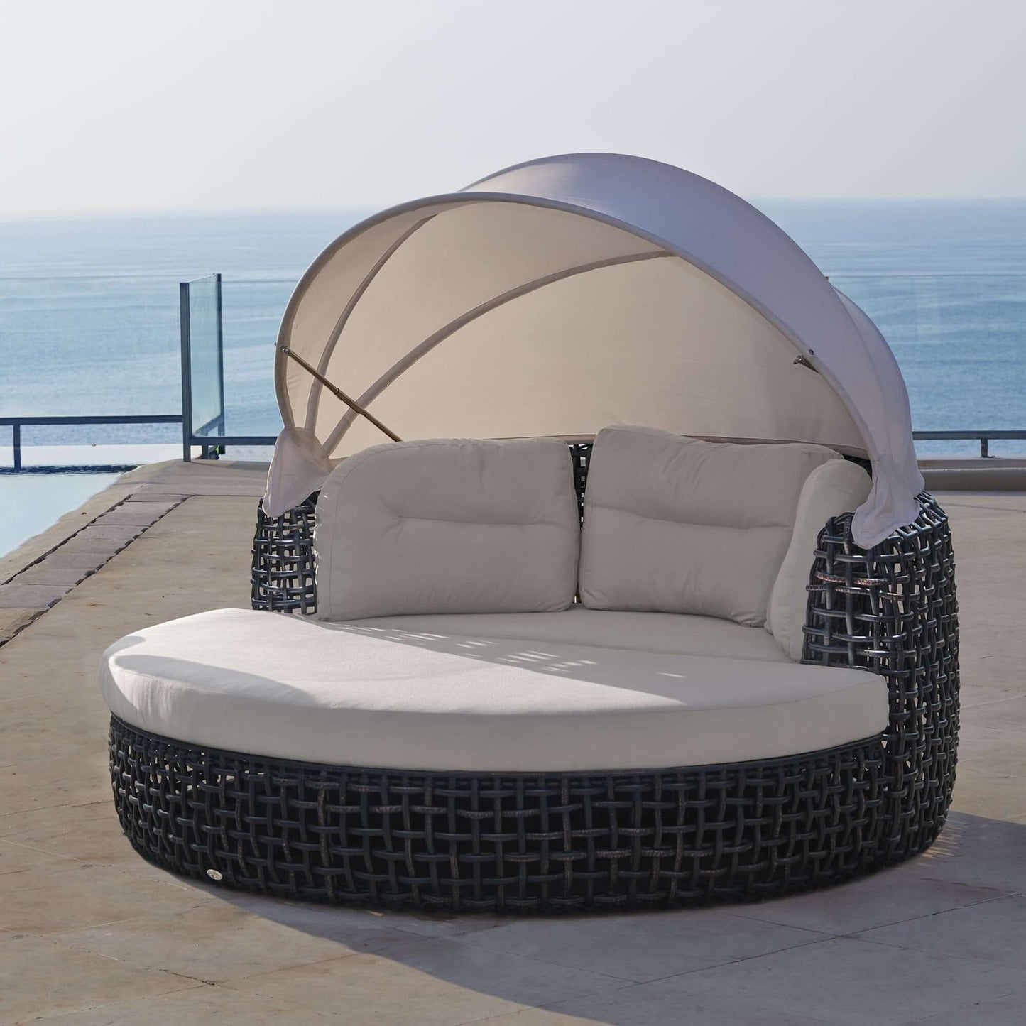Dynasty Daybed with Canopy and Sunbrella Cushions (Black Mushroom)