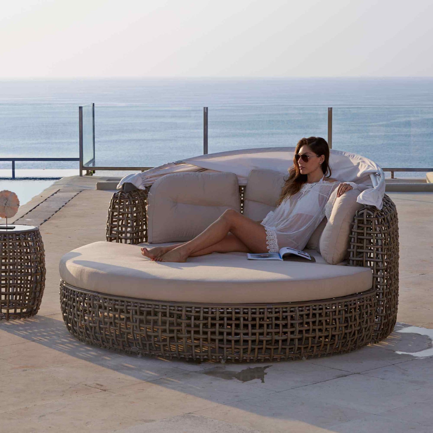 Dynasty Daybed with Canopy and Sunbrella Cushions (Kubu Mushroom)