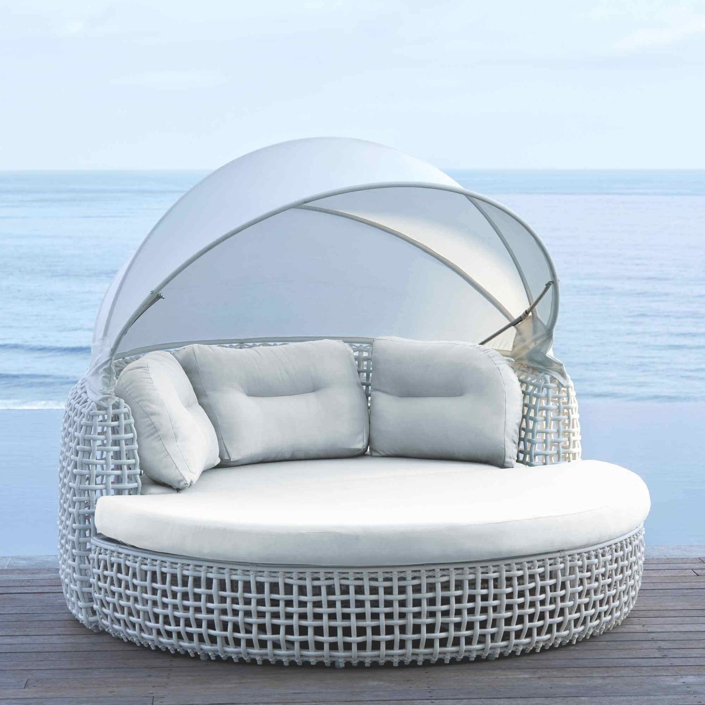 Dynasty Daybed with Canopy and Sunbrella Cushions (White Mushroom)