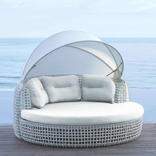 Dynasty Daybed with Canopy and Sunbrella Cushions (White Mushroom)