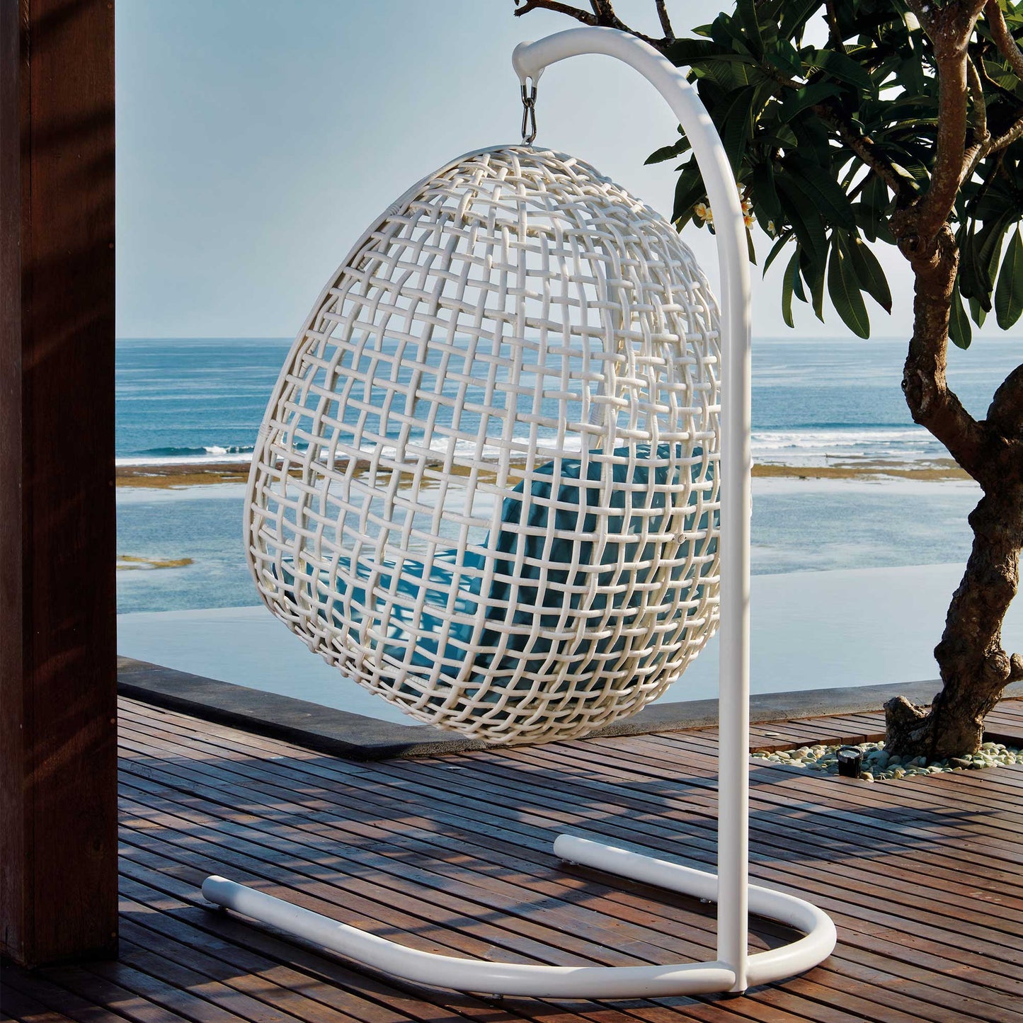 Dynasty Hanging Chair with Frame and Sunbrella Cushion (White Mushroom)