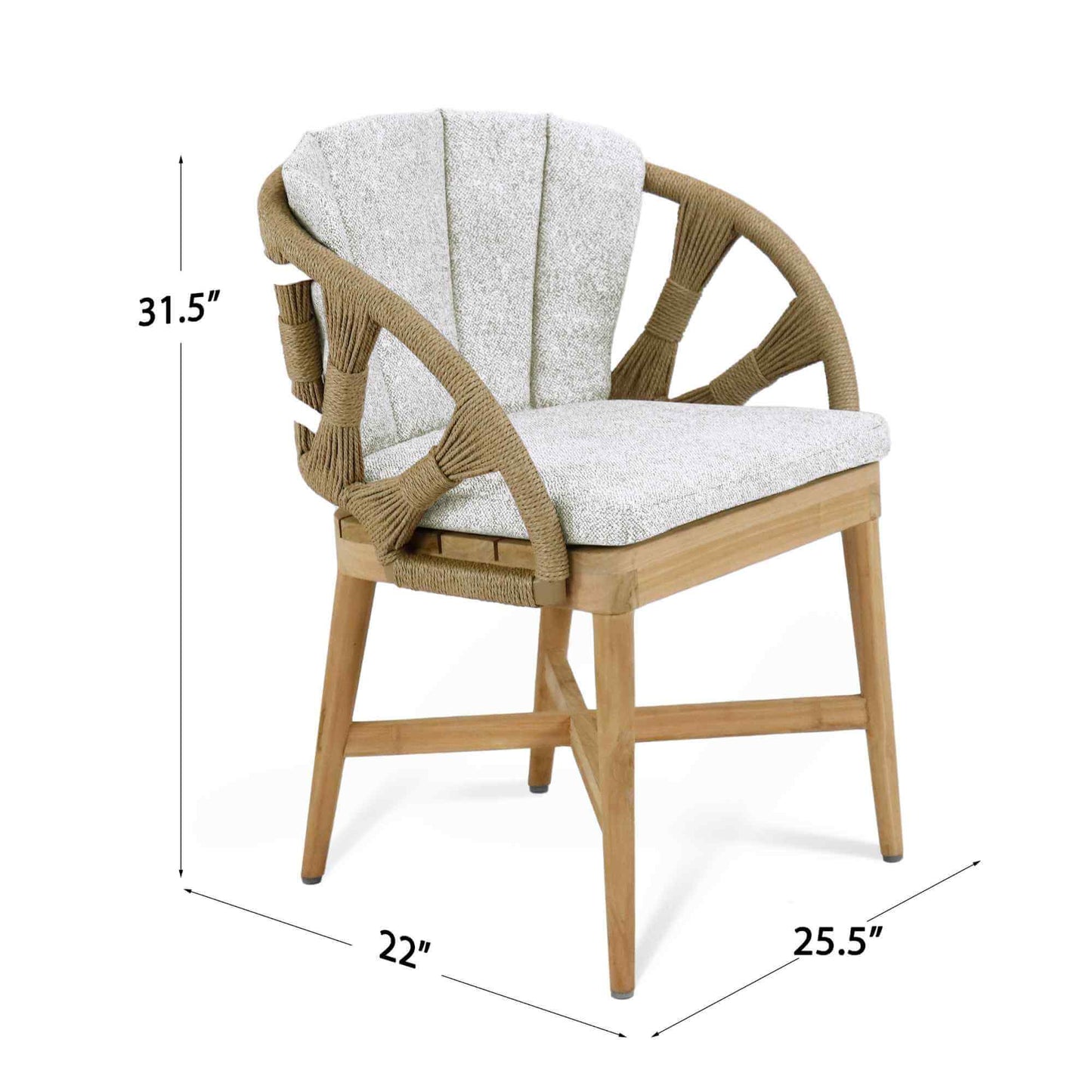 Outdoor dining armchair made from teak wood and polystrand rami natural rope