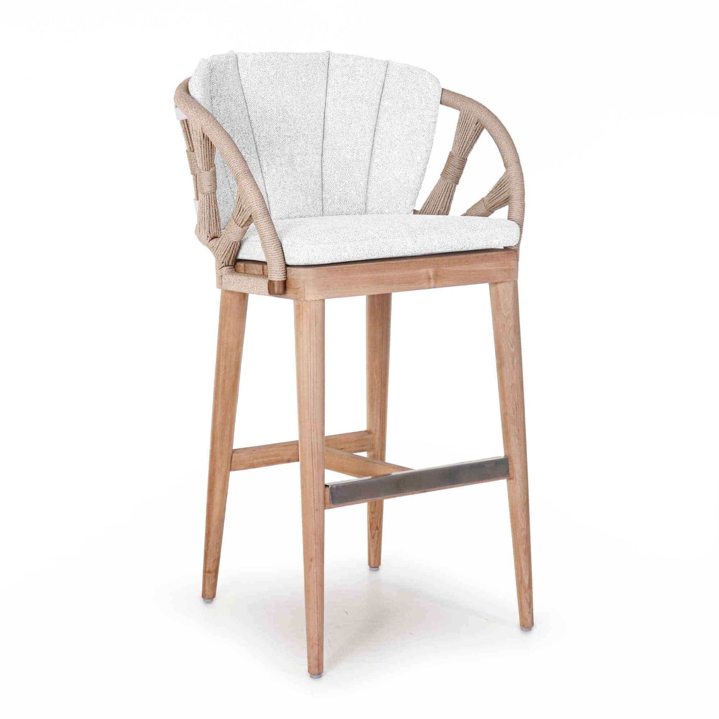 Outdoor barstool made from teak wood and polystrand rami natural rope
