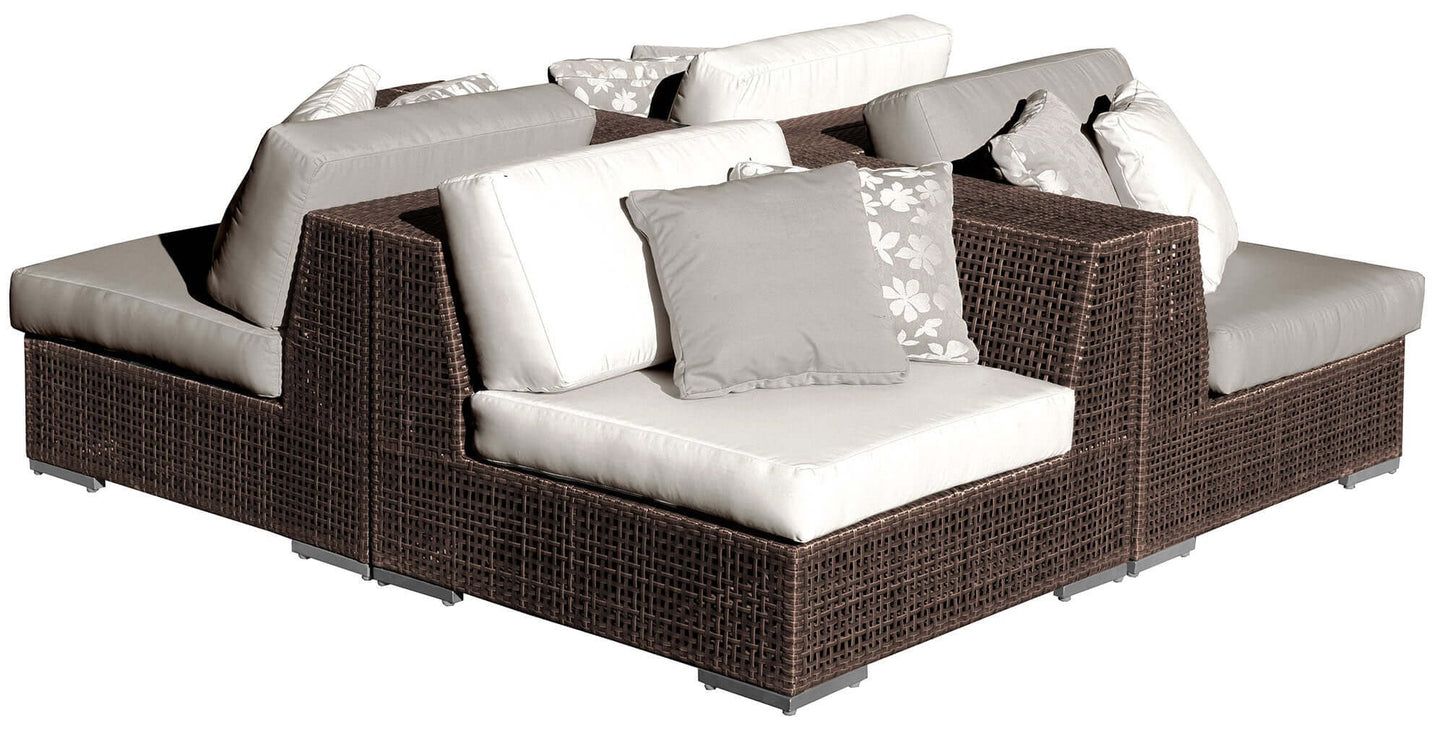 4-piece modular outdoor seating set made from anodized aluminum frame woven with Rehau Java Brown fiber