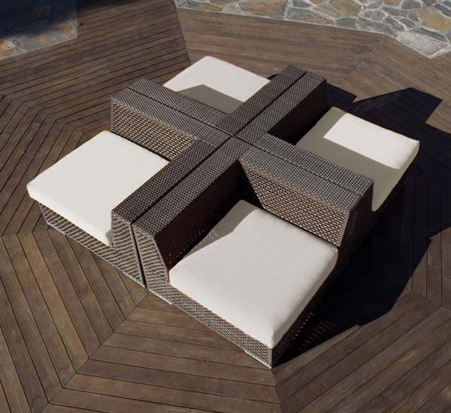 4-piece modular outdoor seating set made from anodized aluminum frame woven with Rehau Java Brown fiber