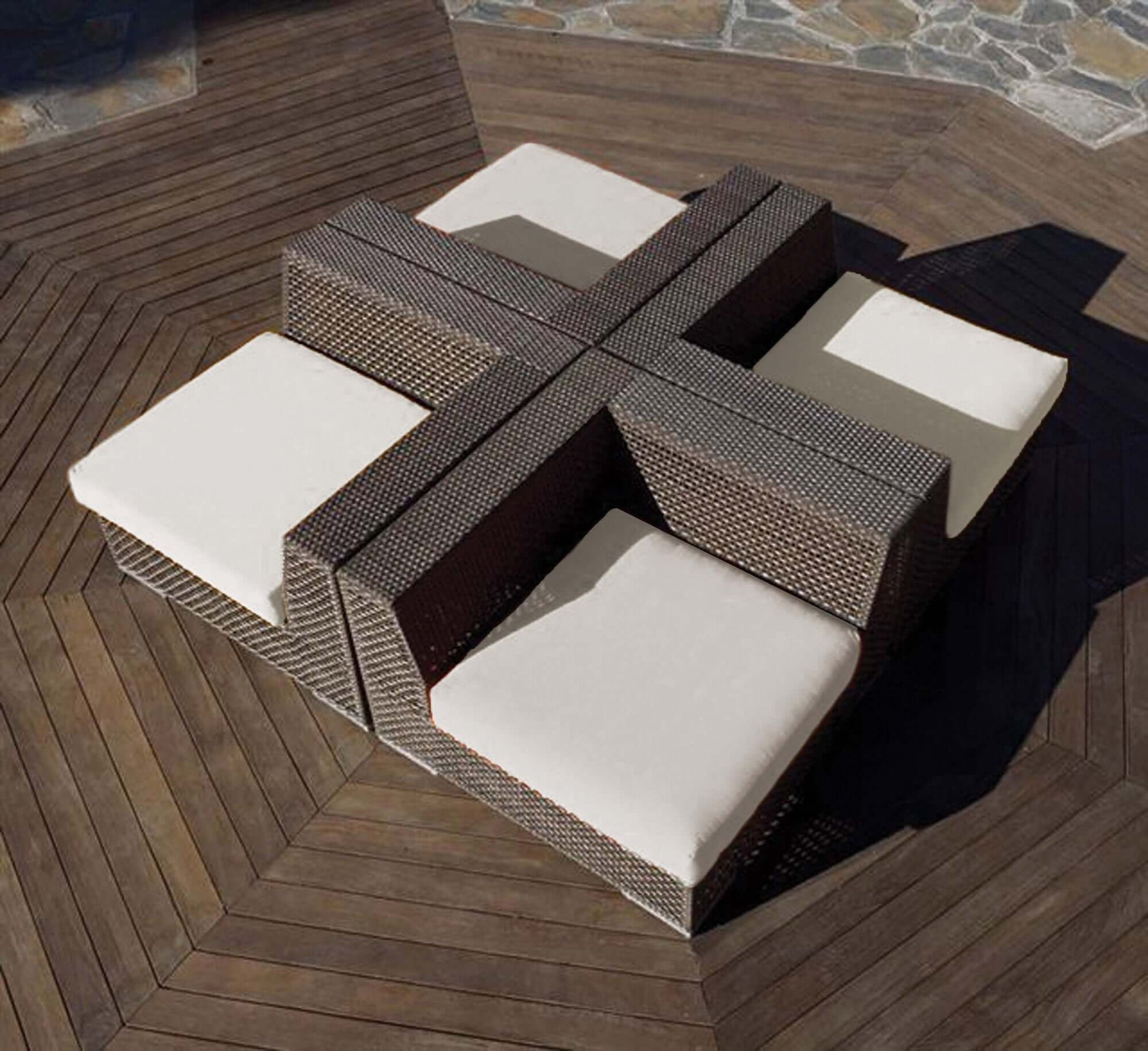 4-piece modular outdoor seating set made from anodized aluminum frame woven with Rehau Java Brown fiber