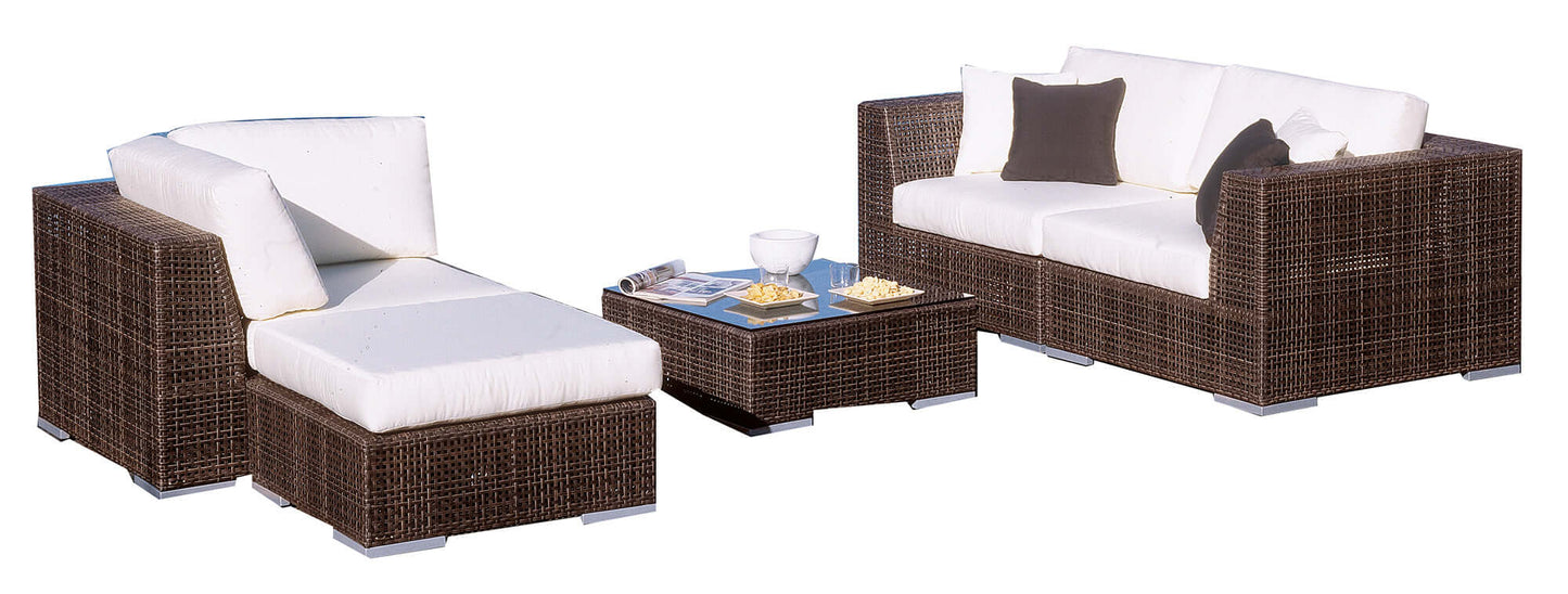 5-piece modular outdoor sectional set made from anodized aluminum frame woven with Rehau Java Brown fiber