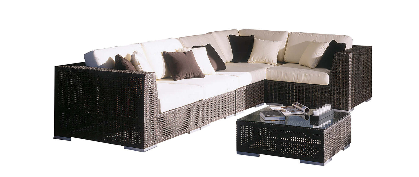 6-piece modular outdoor seating set made from anodized aluminum frame woven with Rehau Java Brown fiber