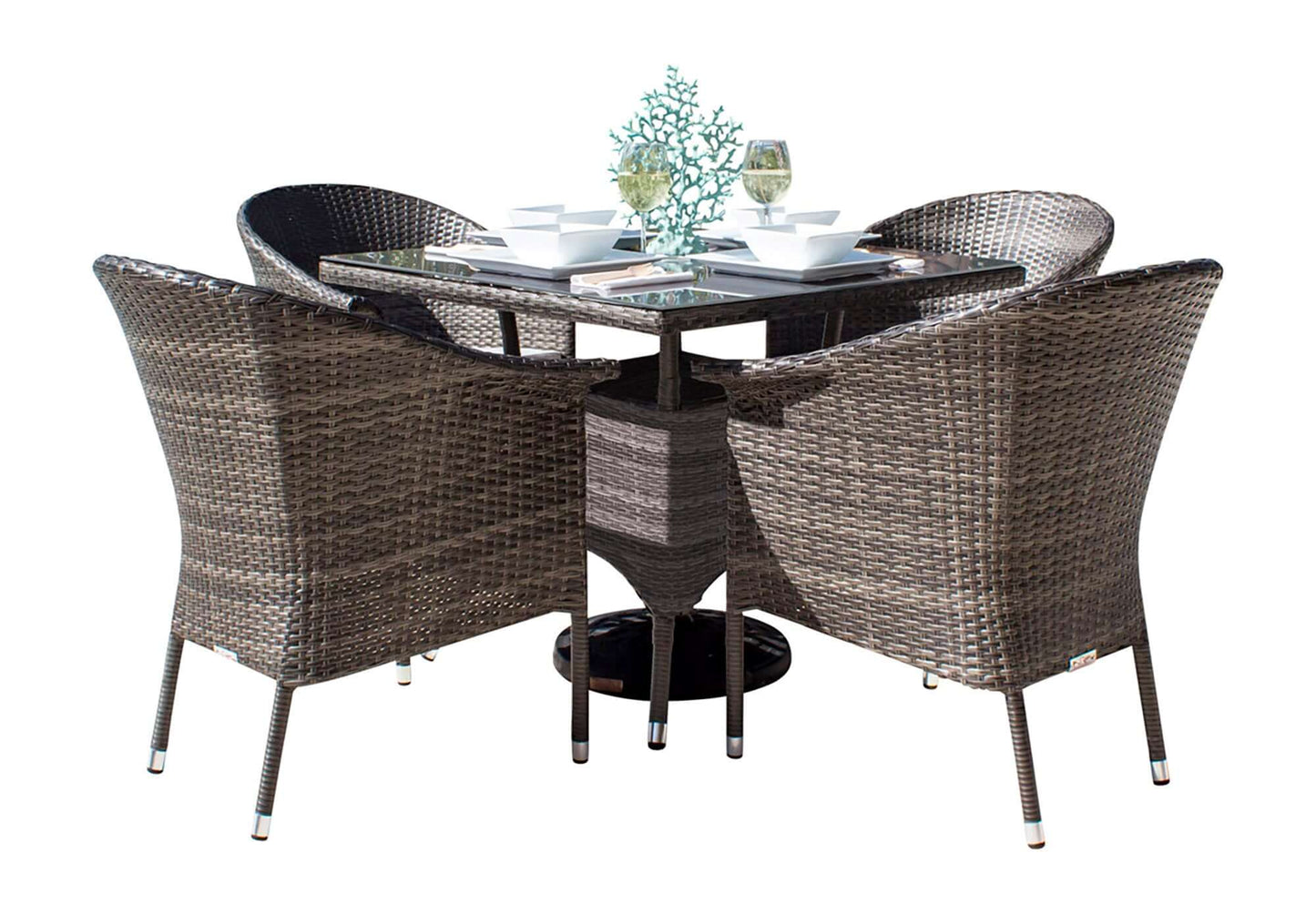 5-piece outdoor armchair dining set with cushions made with HDPE synthetic wicker