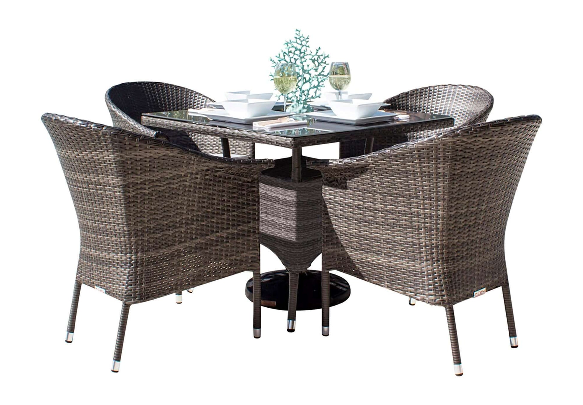 5-piece outdoor armchair dining set with cushions made with HDPE synthetic wicker