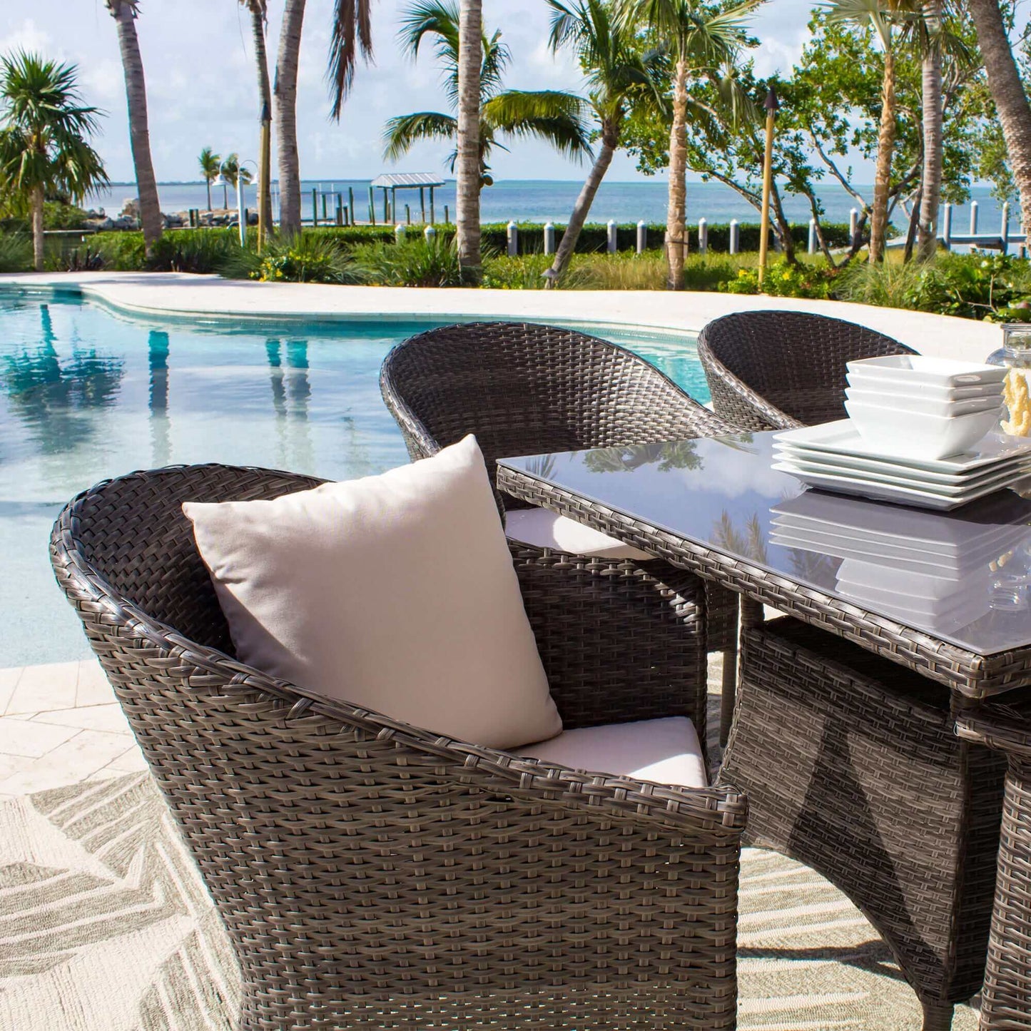 Sleek outdoor lounge chair with cushions made from commercial quality thick wicker weave pattern