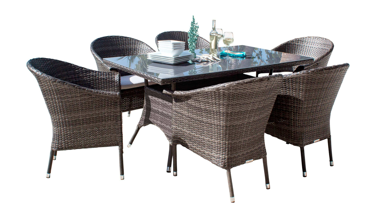 Sleek 7-piece outdoor arm chair dining set with cushions made from commercial quality thick wicker weave pattern