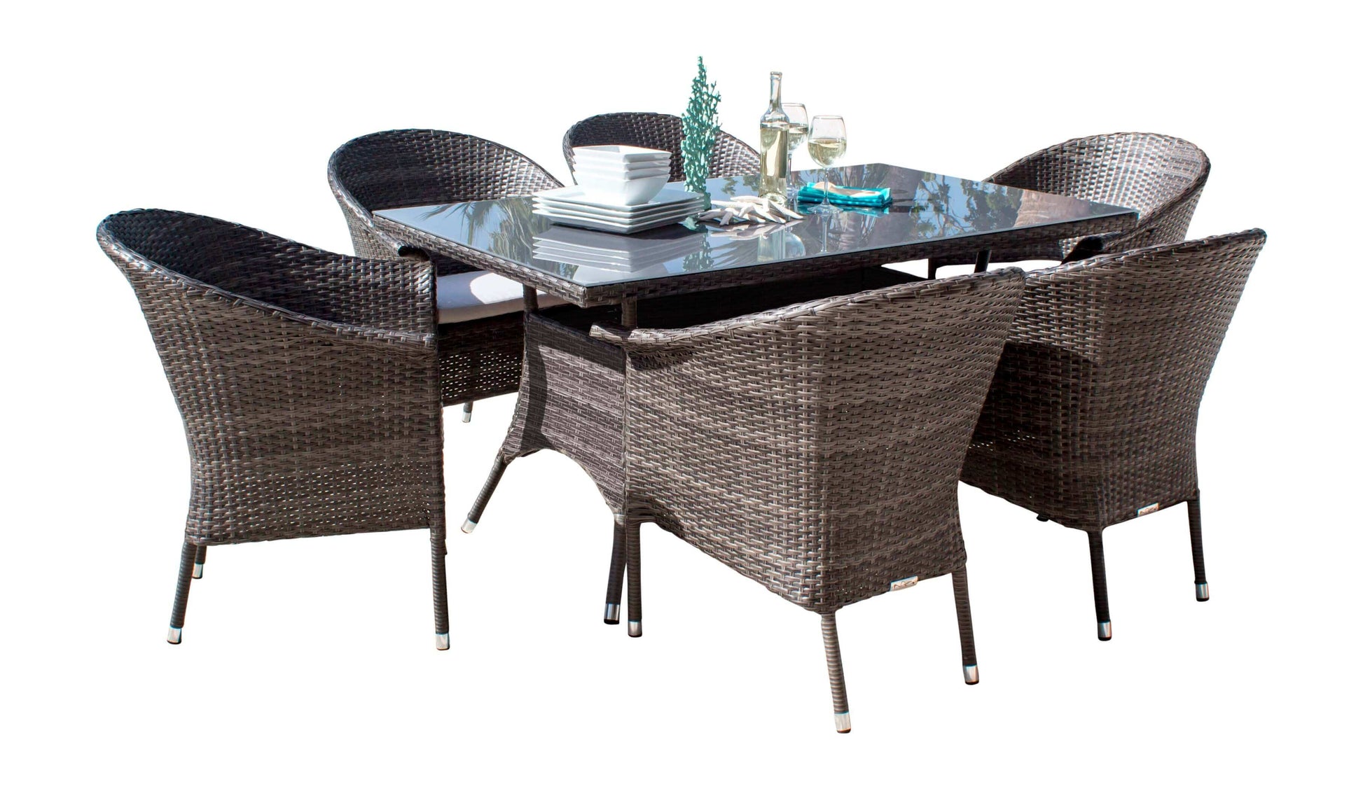 Sleek 7-piece outdoor arm chair dining set with cushions made from commercial quality thick wicker weave pattern