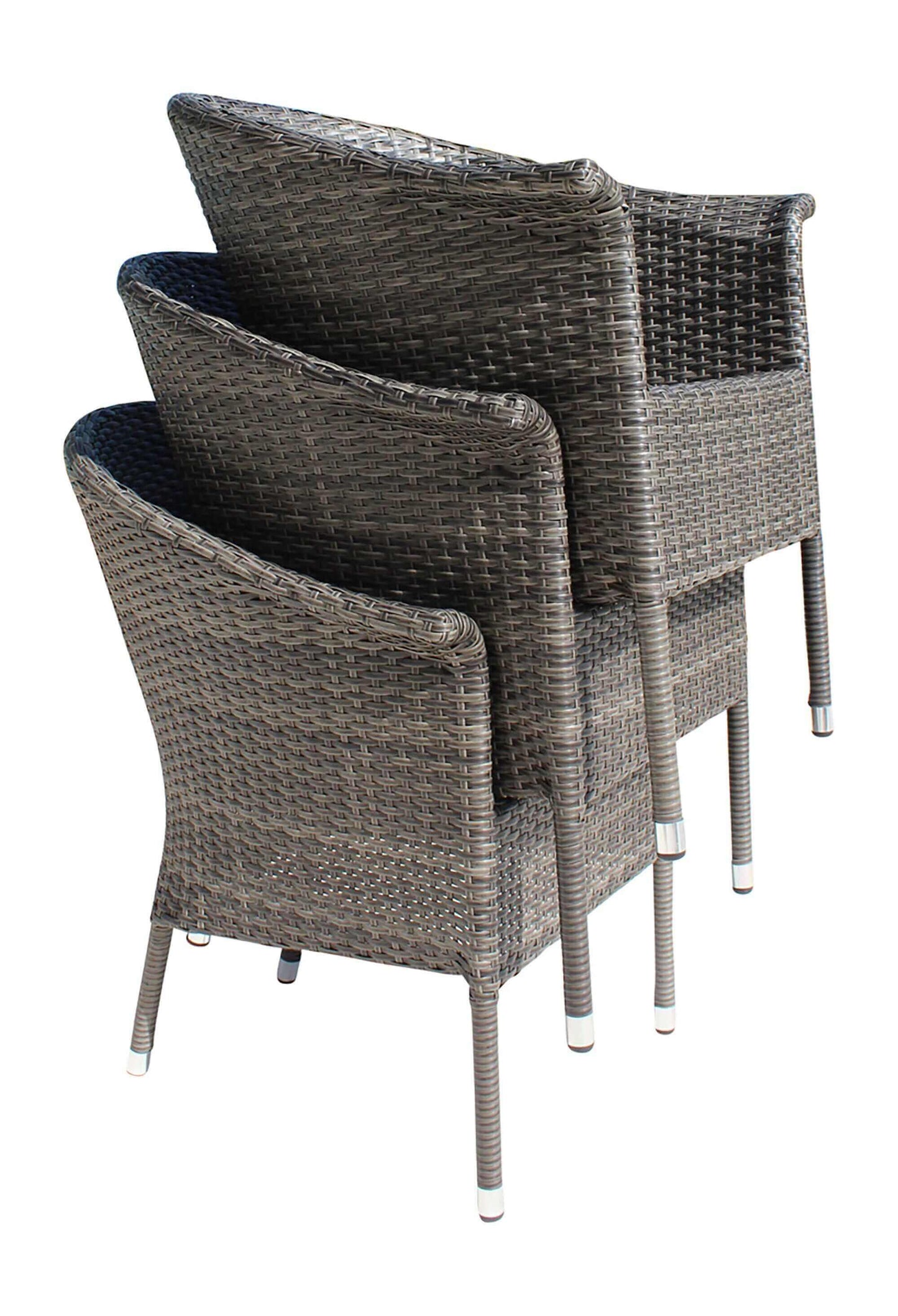 Sleek outdoor stackable lounge chair with cushions made from commercial quality thick wicker weave pattern