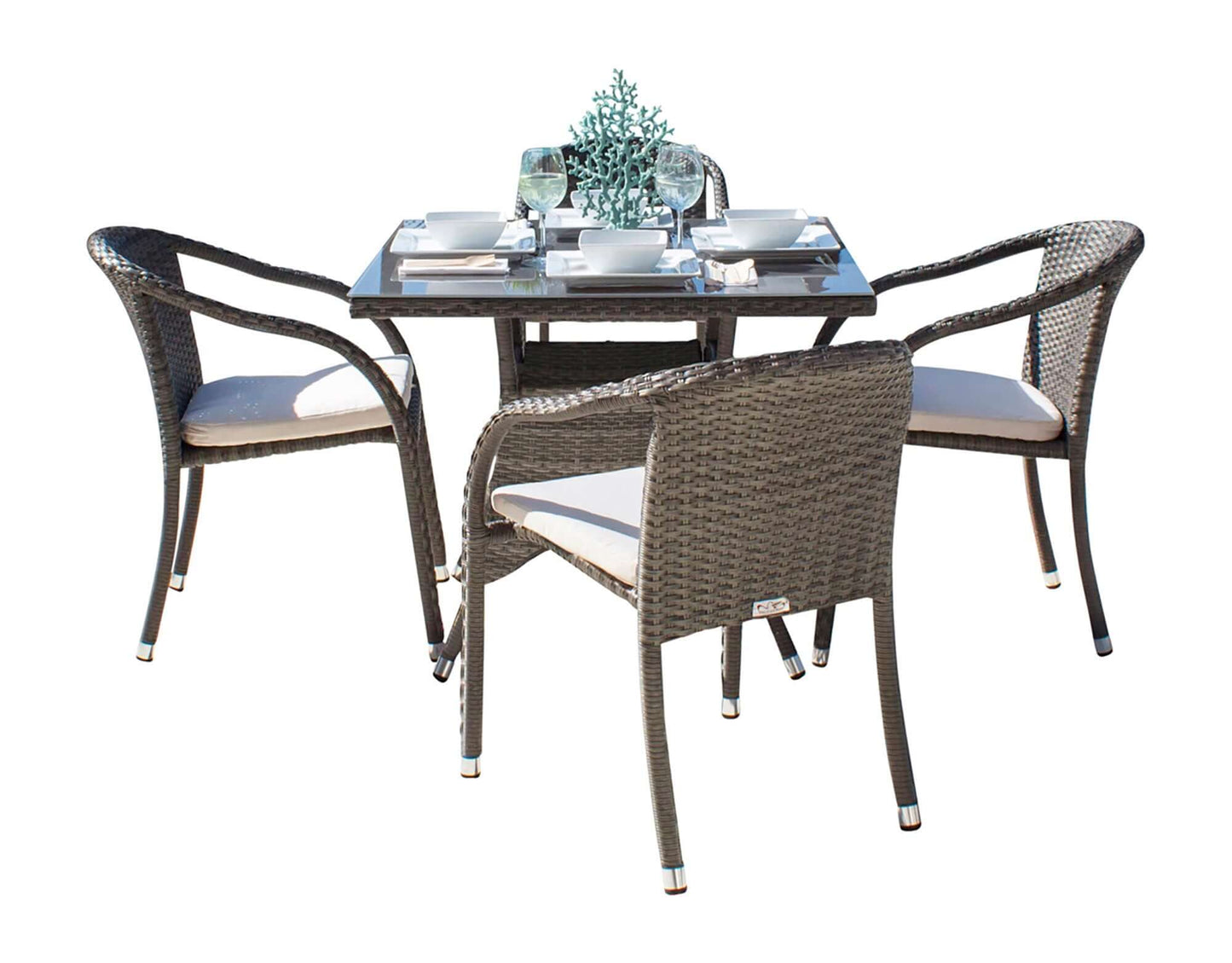 5-piece outdoor stackable chairs dining set with cushions made with HDPE synthetic wicker