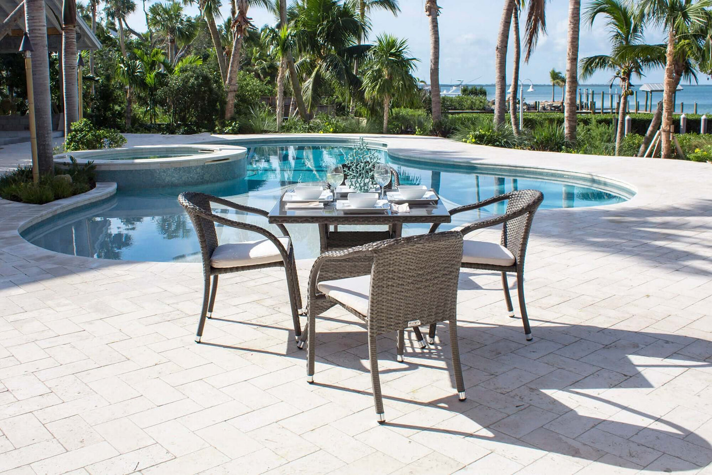 5-piece outdoor stackable chairs dining set with cushions made with HDPE synthetic wicker