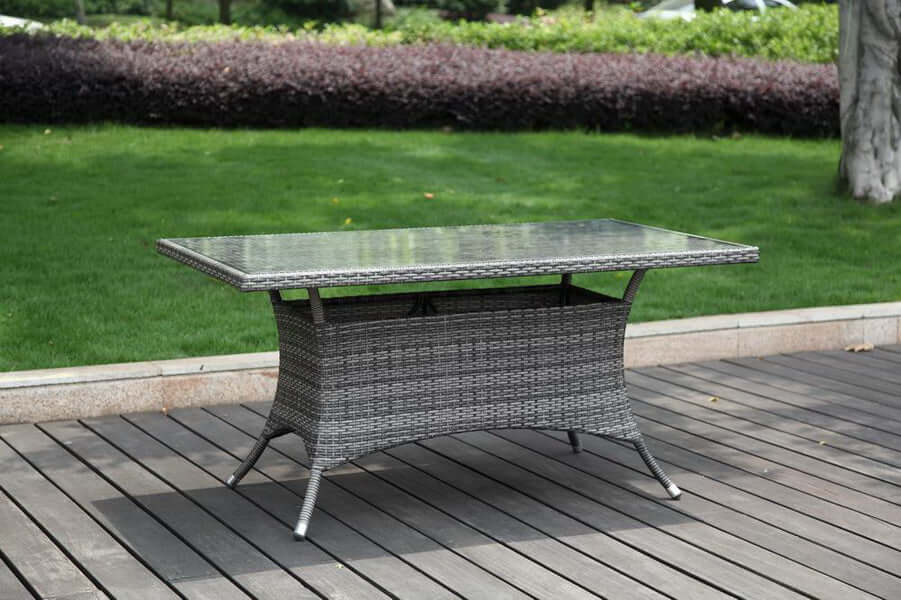 Rectangular outdoor dining table made from commercial quality thick wicker weave pattern