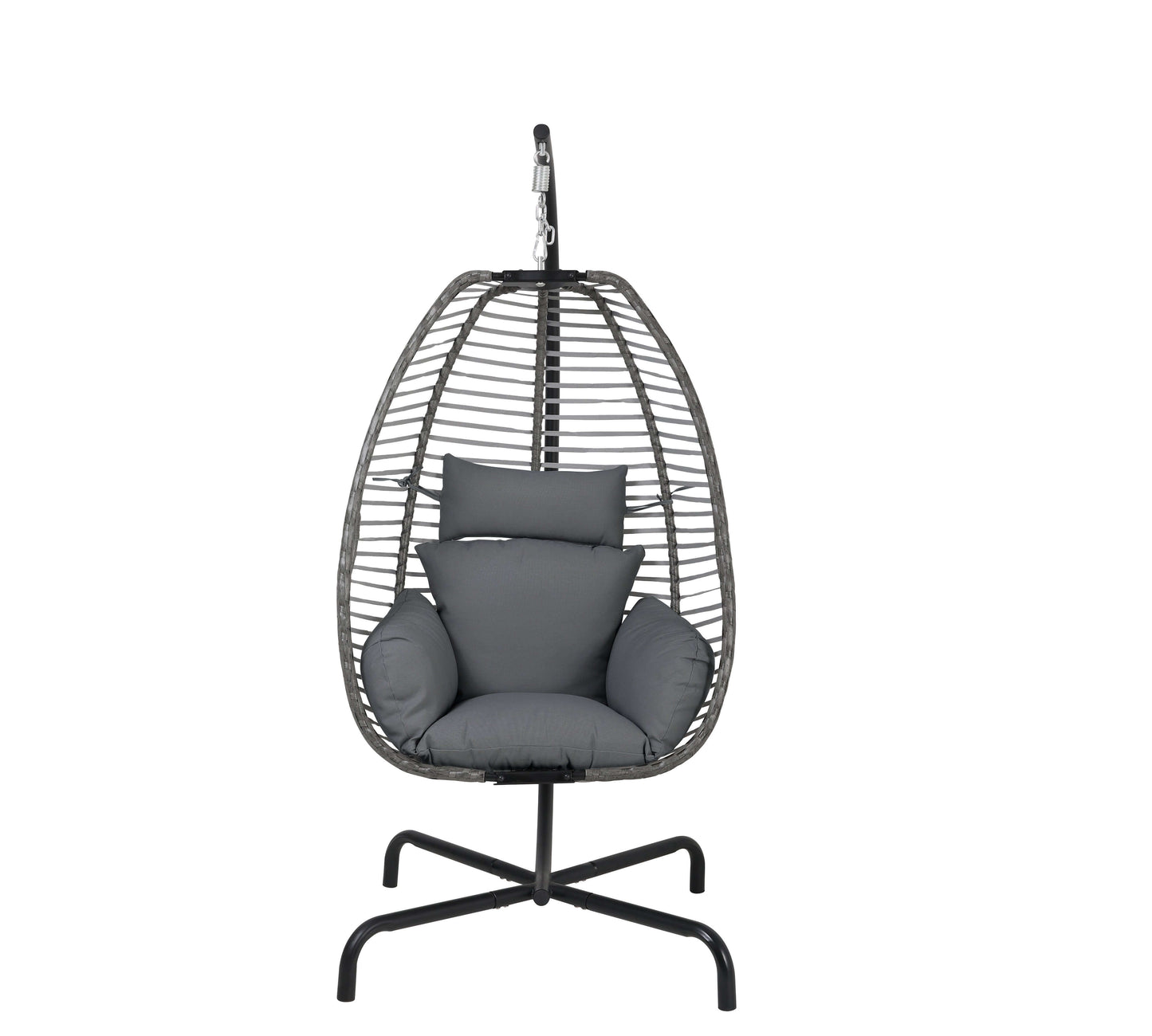 Outdoor hanging aluminum chair with black steel frame and polyester cushions included