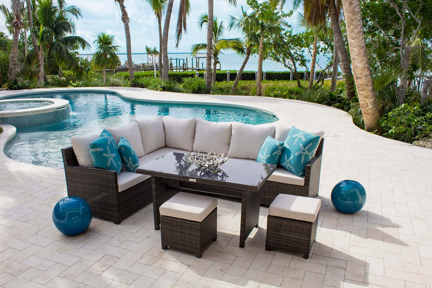 5-piece outdoor sectional dining set with cushions made with HDPE synthetic wicker