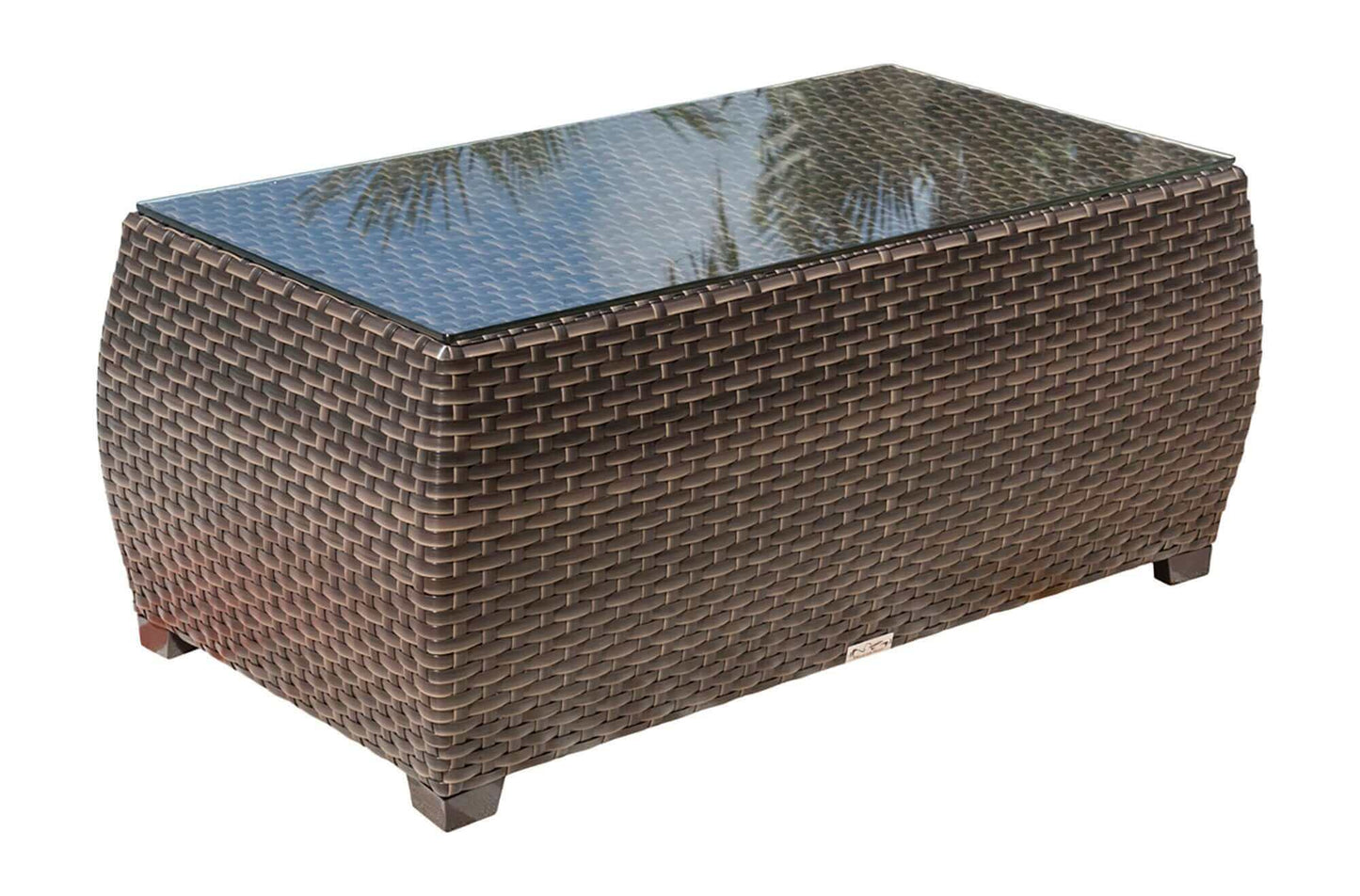 Outdoor coffee table with tempered glass included made from commercial quality thick wicker weave pattern