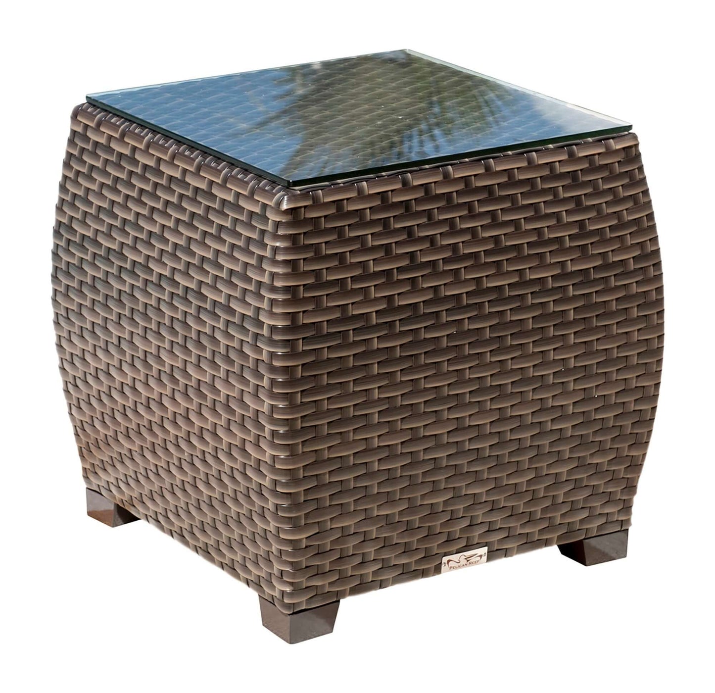 Outdoor end table with glass made from commercial quality thick wicker weave pattern