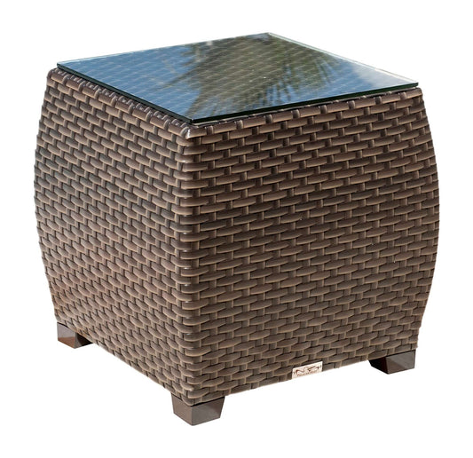 Outdoor end table with glass made from commercial quality thick wicker weave pattern