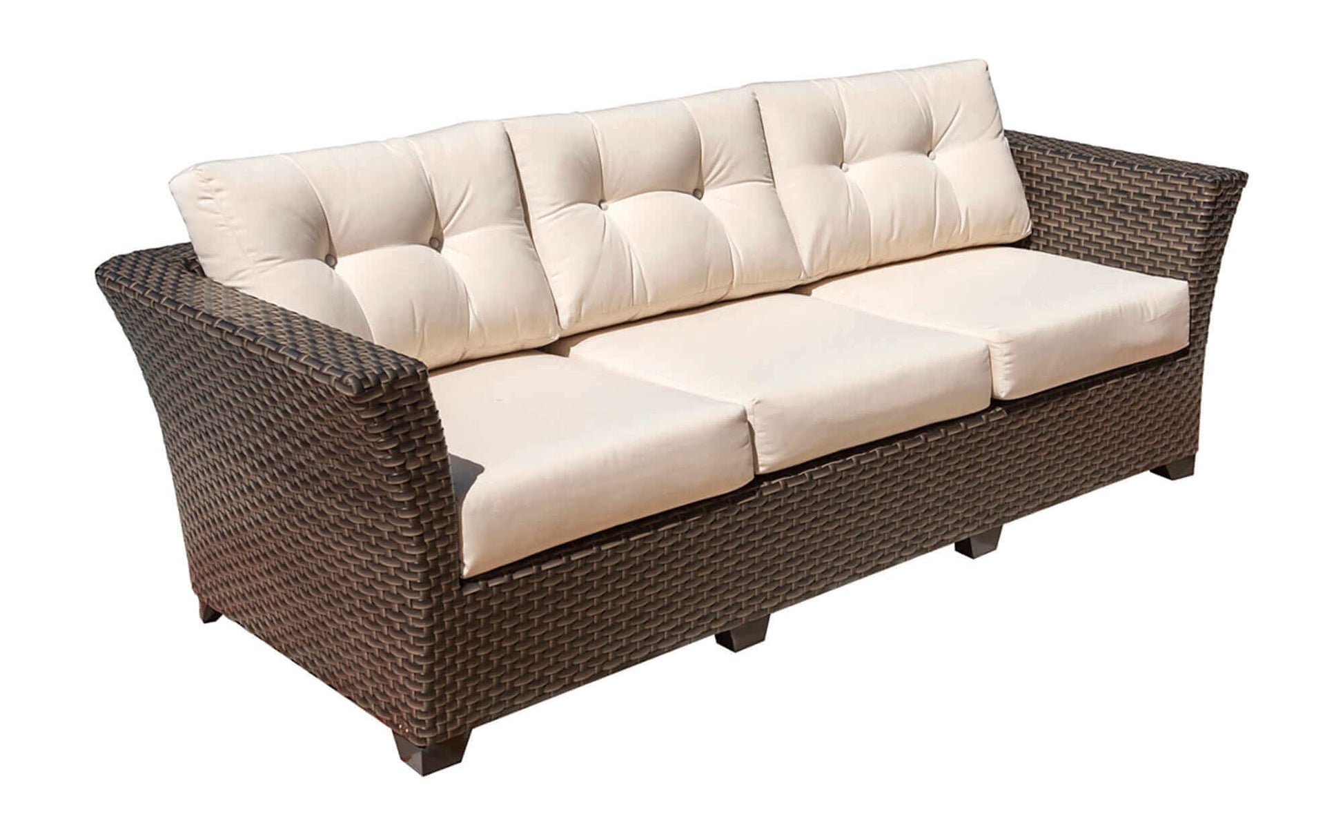 Sleek outdoor sofa with cushions made from commercial quality thick wicker weave pattern