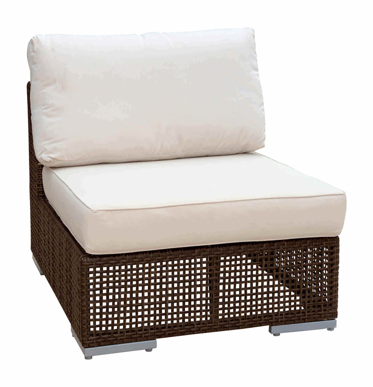 Modular outdoor armless chair made from anodized aluminum frame woven with Rehau Java Brown fiber