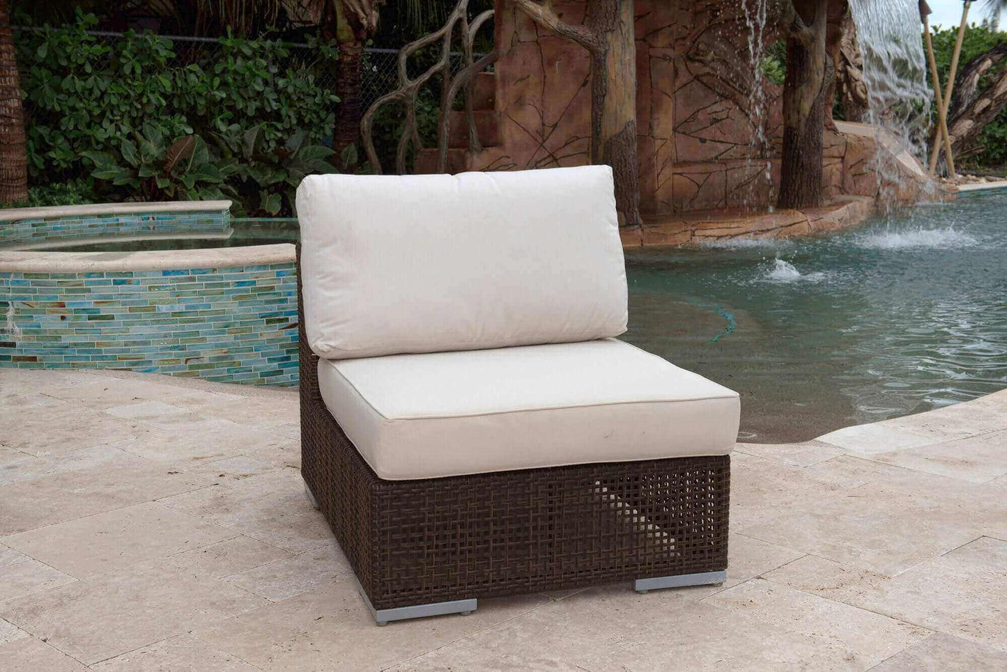 Modular outdoor armless chair made from anodized aluminum frame woven with Rehau Java Brown fiber