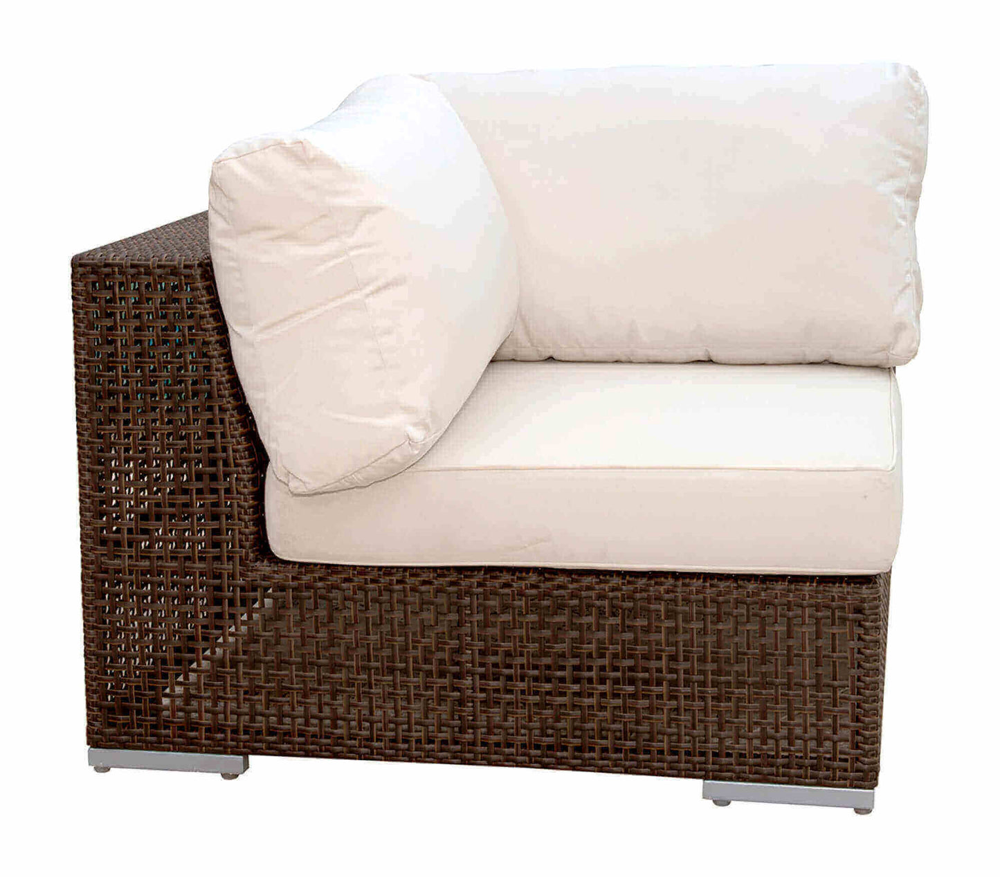 Modular outdoor corner chair made from anodized aluminum frame woven with Rehau Java Brown fiber