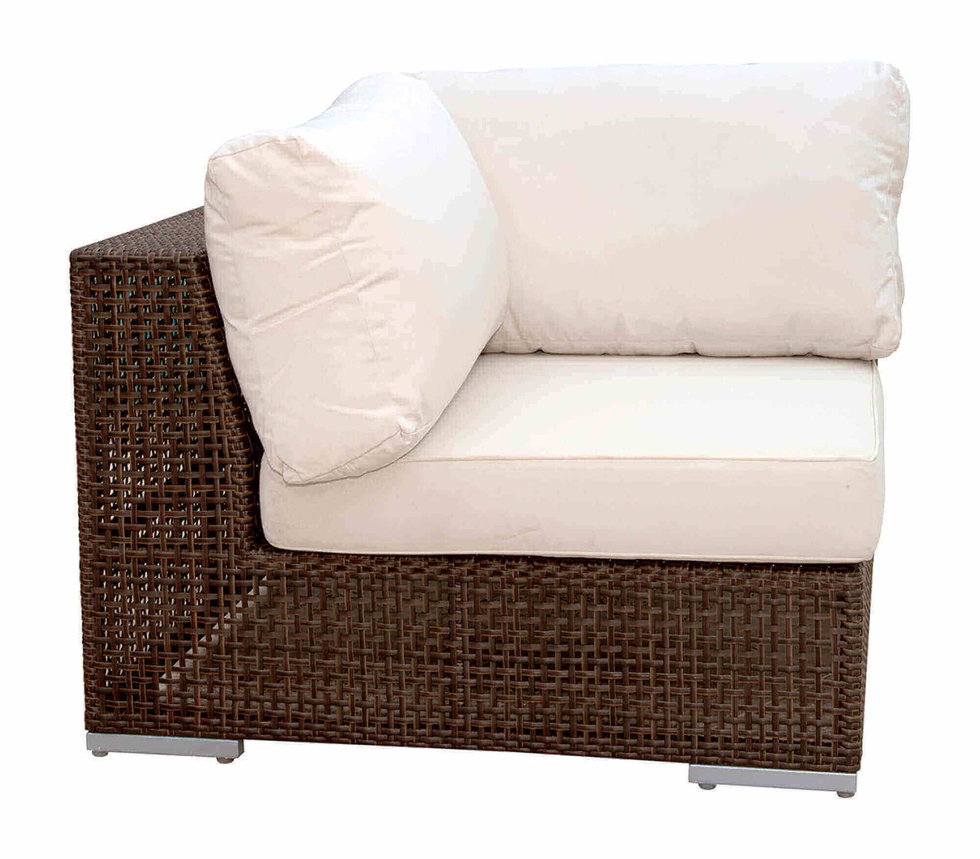 Modular outdoor corner chair made from anodized aluminum frame woven with Rehau Java Brown fiber