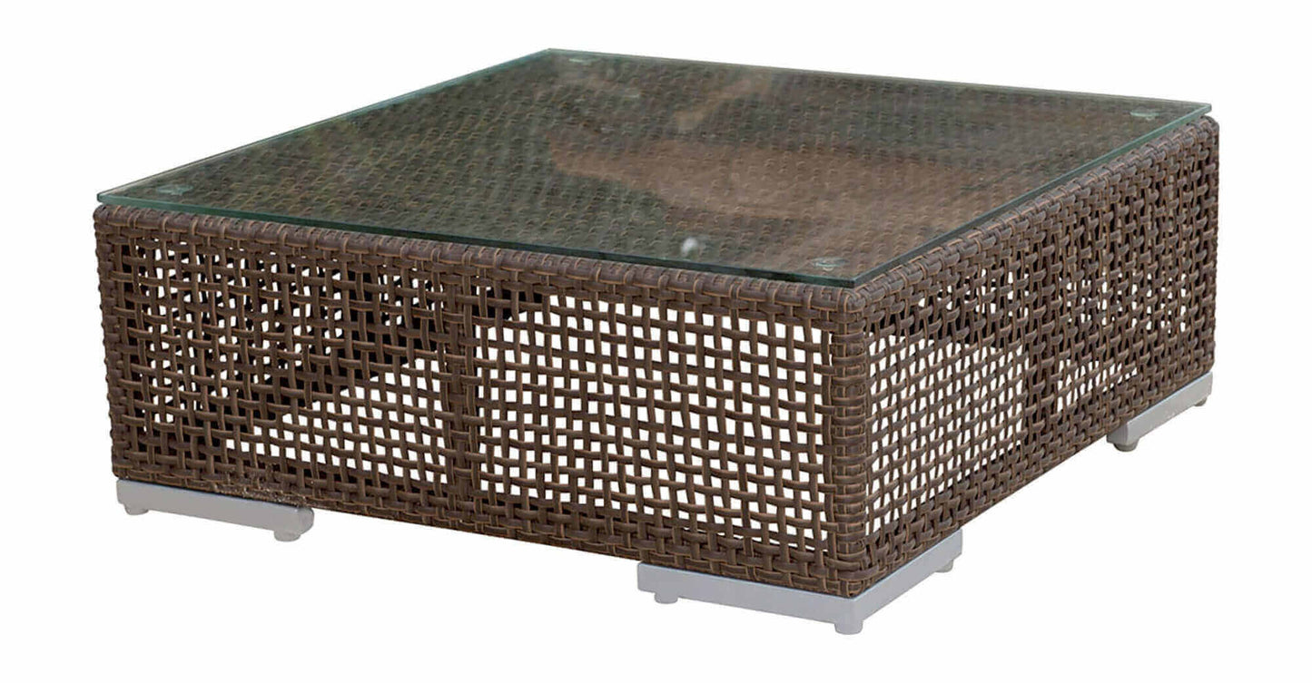 Modular outdoor coffee table made from anodized aluminum frame woven with Rehau Java Brown fiber and plexiglas