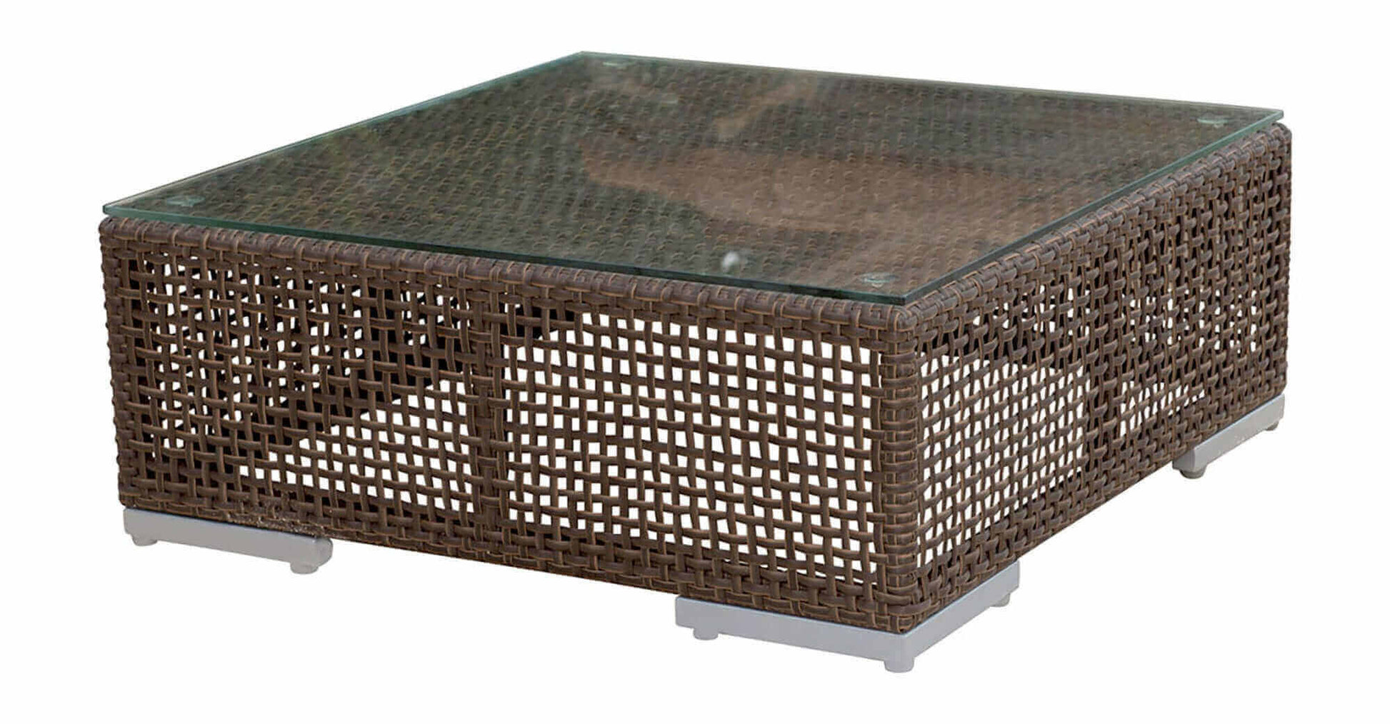 Modular outdoor coffee table made from anodized aluminum frame woven with Rehau Java Brown fiber and plexiglas
