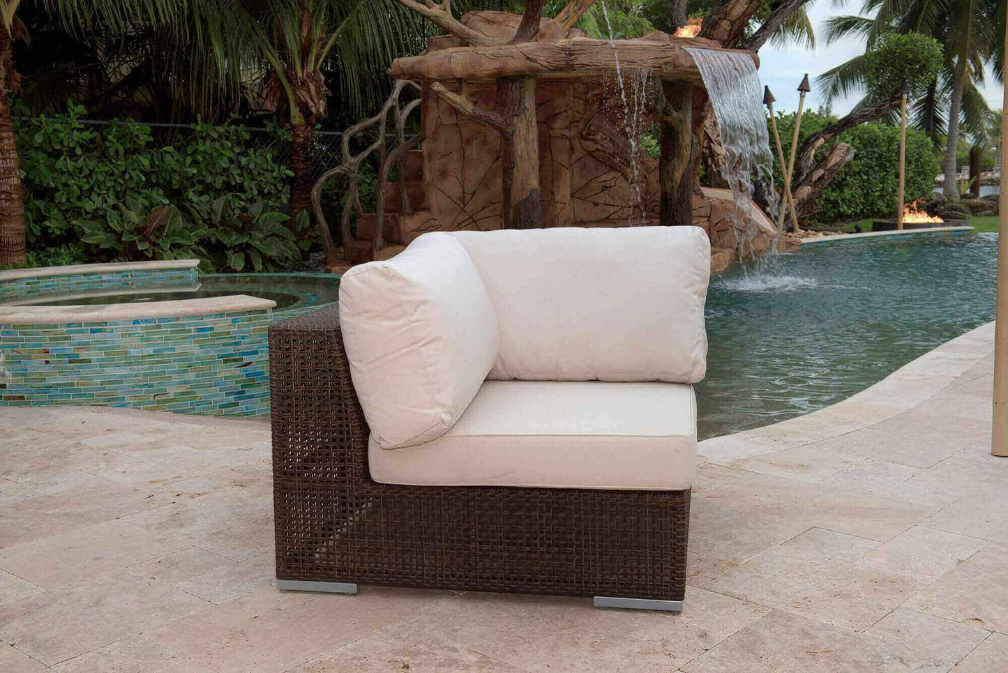 Modular outdoor corner chair made from anodized aluminum frame woven with Rehau Java Brown fiber