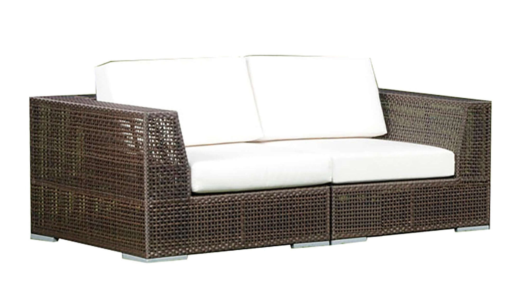 2-piece modular outdoor loveseat made from anodized aluminum frame woven with Rehau Java Brown fiber