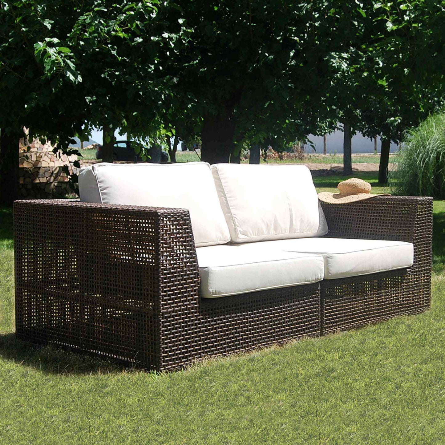 2-piece modular outdoor loveseat made from anodized aluminum frame woven with Rehau Java Brown fiber