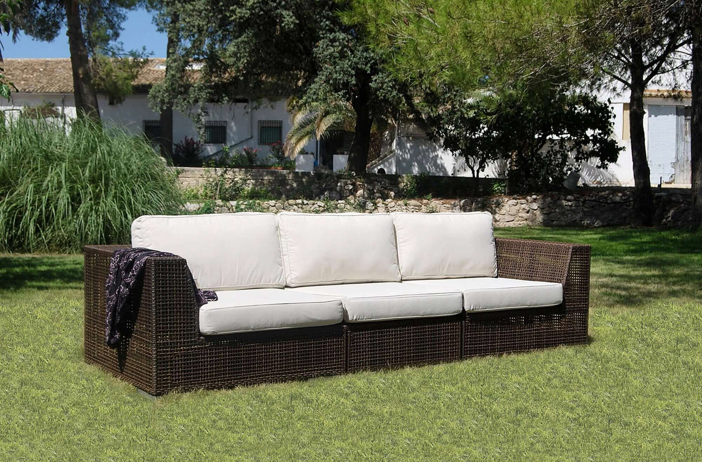3-piece modular outdoor sofa deep seating set made from anodized aluminum frame woven with Rehau Java Brown fiber