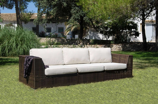 3-piece modular outdoor sofa deep seating set made from anodized aluminum frame woven with Rehau Java Brown fiber