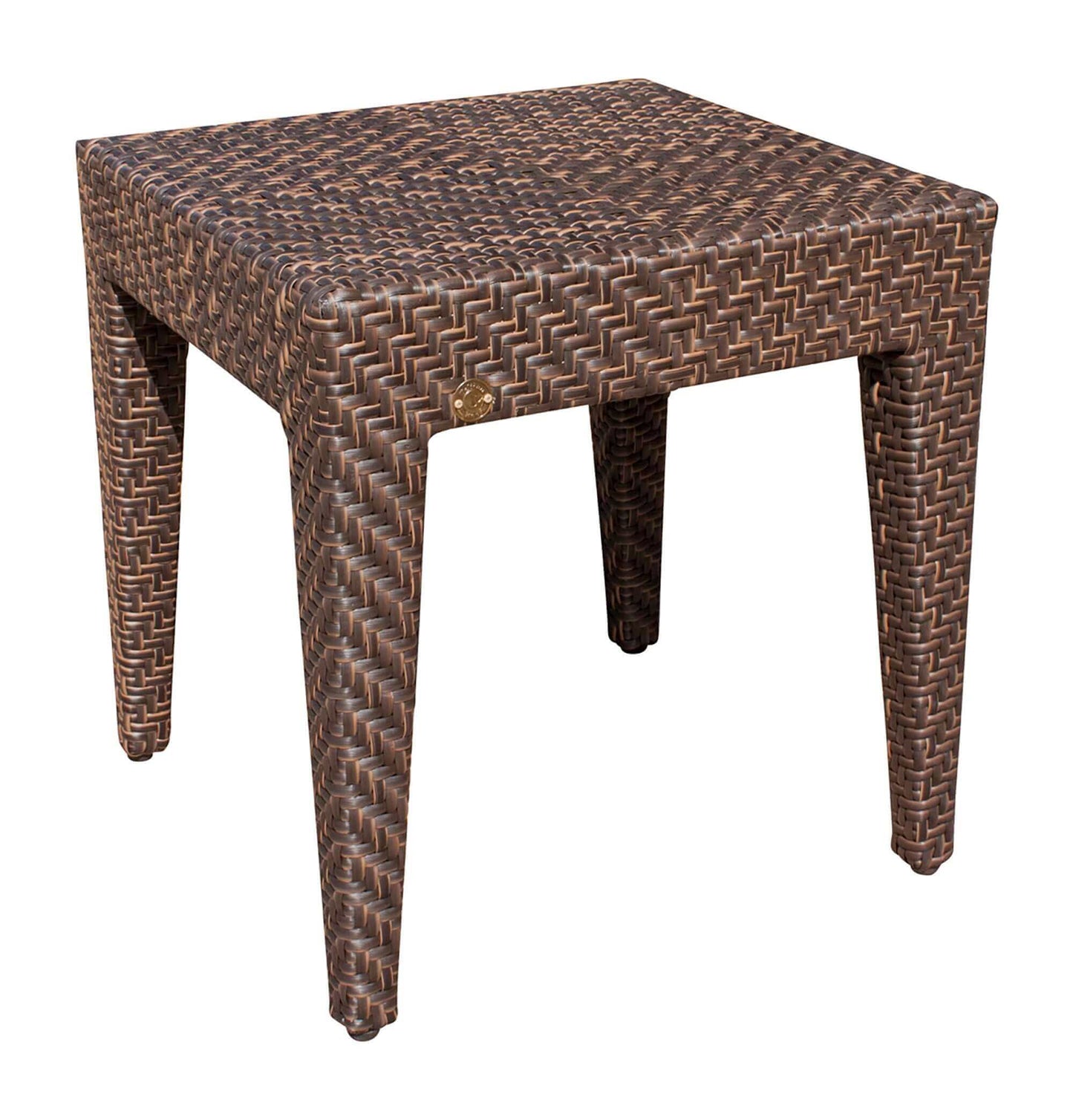 Outdoor end table made from aluminum frame woven with Rehau Java Brown fiber