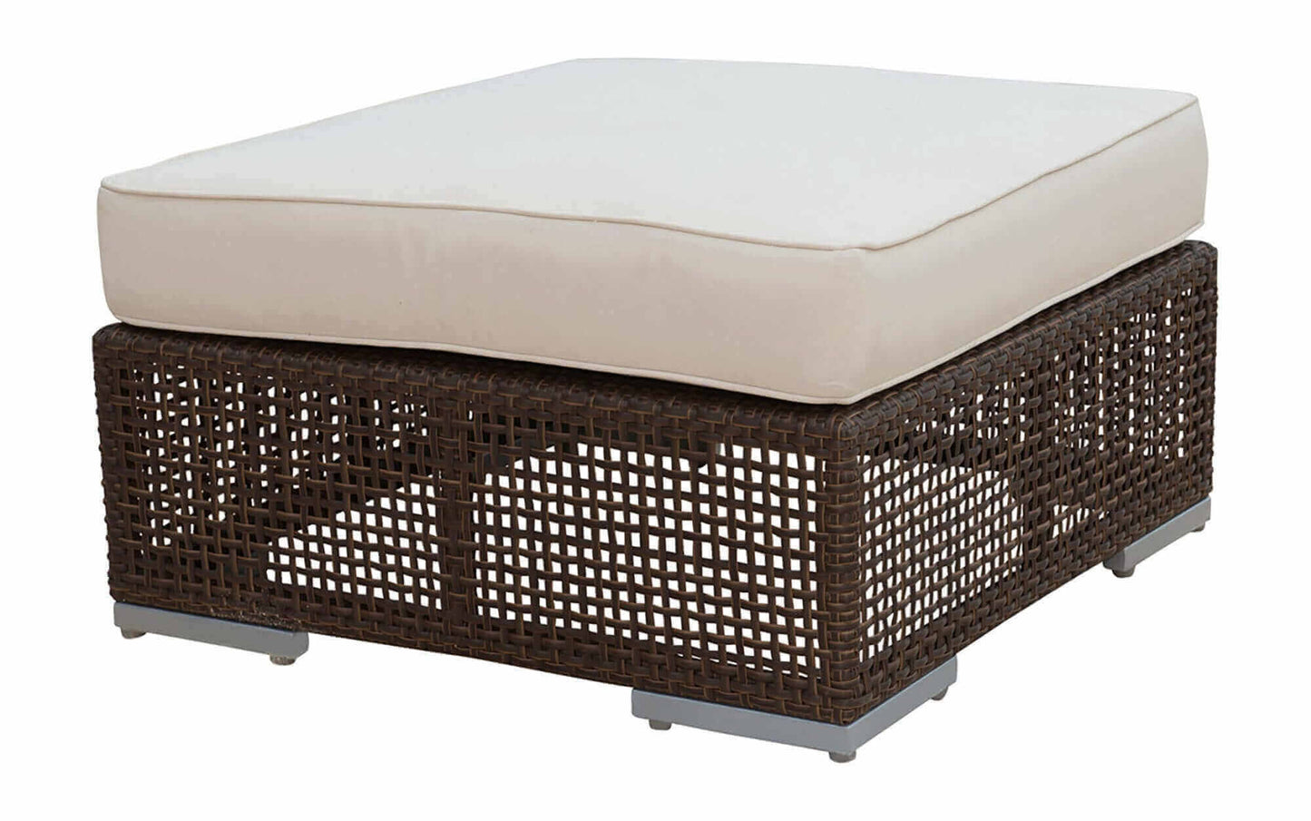 Outdoor ottoman made from anodized aluminum frame woven with Rehau Java Brown fiber