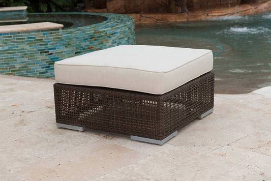 Outdoor ottoman made from anodized aluminum frame woven with Rehau Java Brown fiber