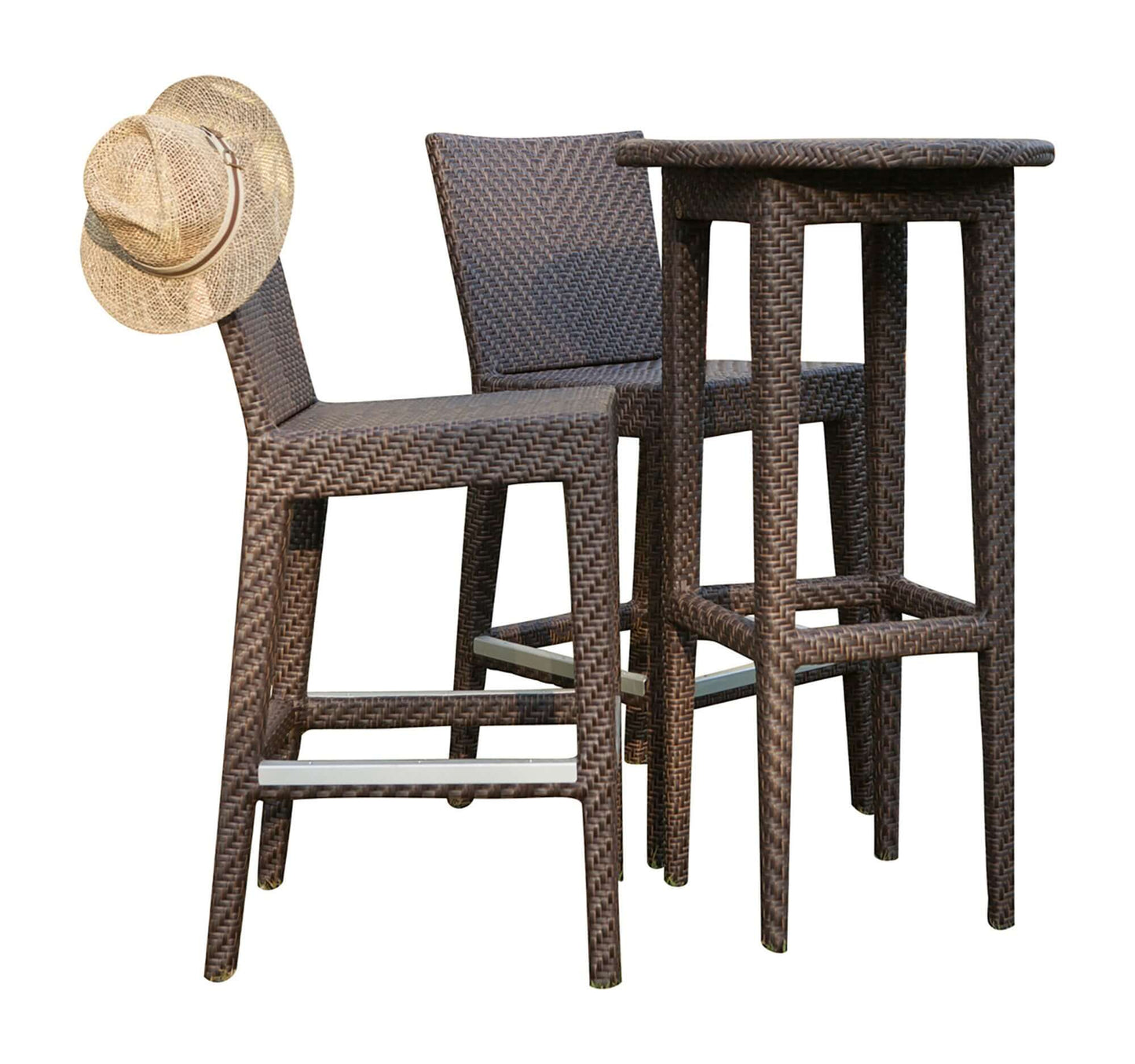 3-piece outdoor pub and barstool set made from aluminum frame woven with Rehau Java Brown fiber
