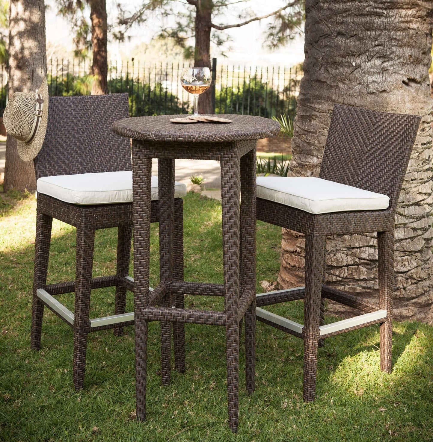 3-piece outdoor pub and barstool set made from aluminum frame woven with Rehau Java Brown fiber with cushion