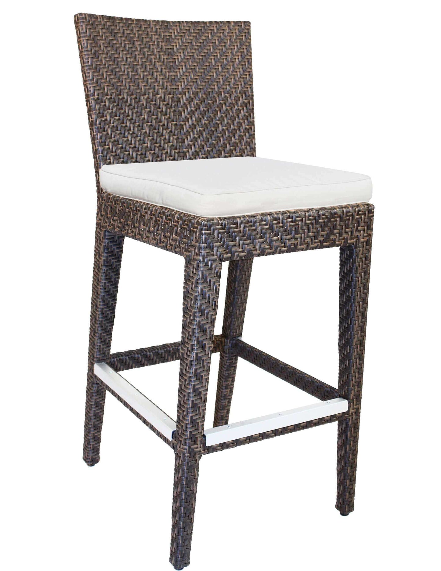 Outdoor barstool made from aluminum frame woven with Rehau Java Brown fiber with cushion