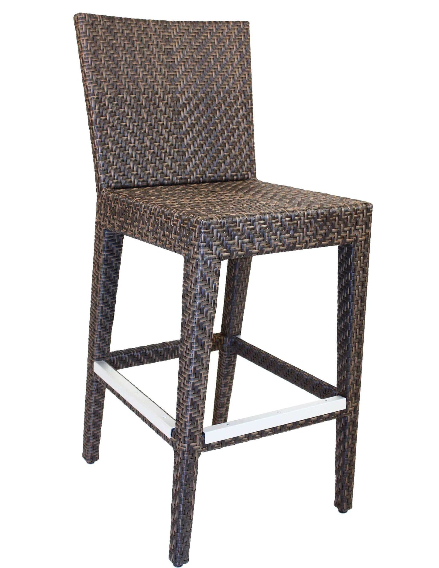 Outdoor barstool made from aluminum frame woven with Rehau Java Brown fiber