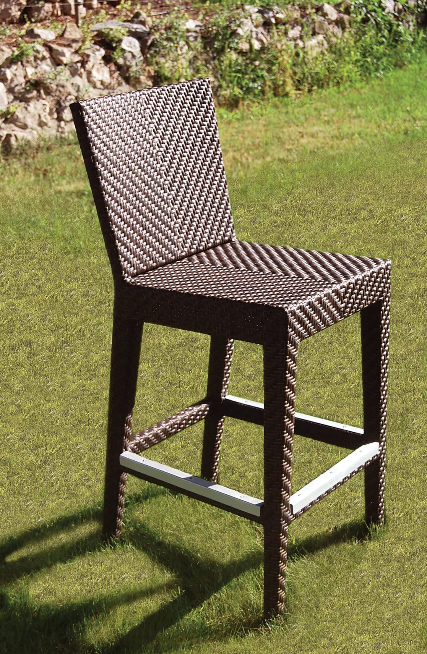 Outdoor barstool made from aluminum frame woven with Rehau Java Brown fiber
