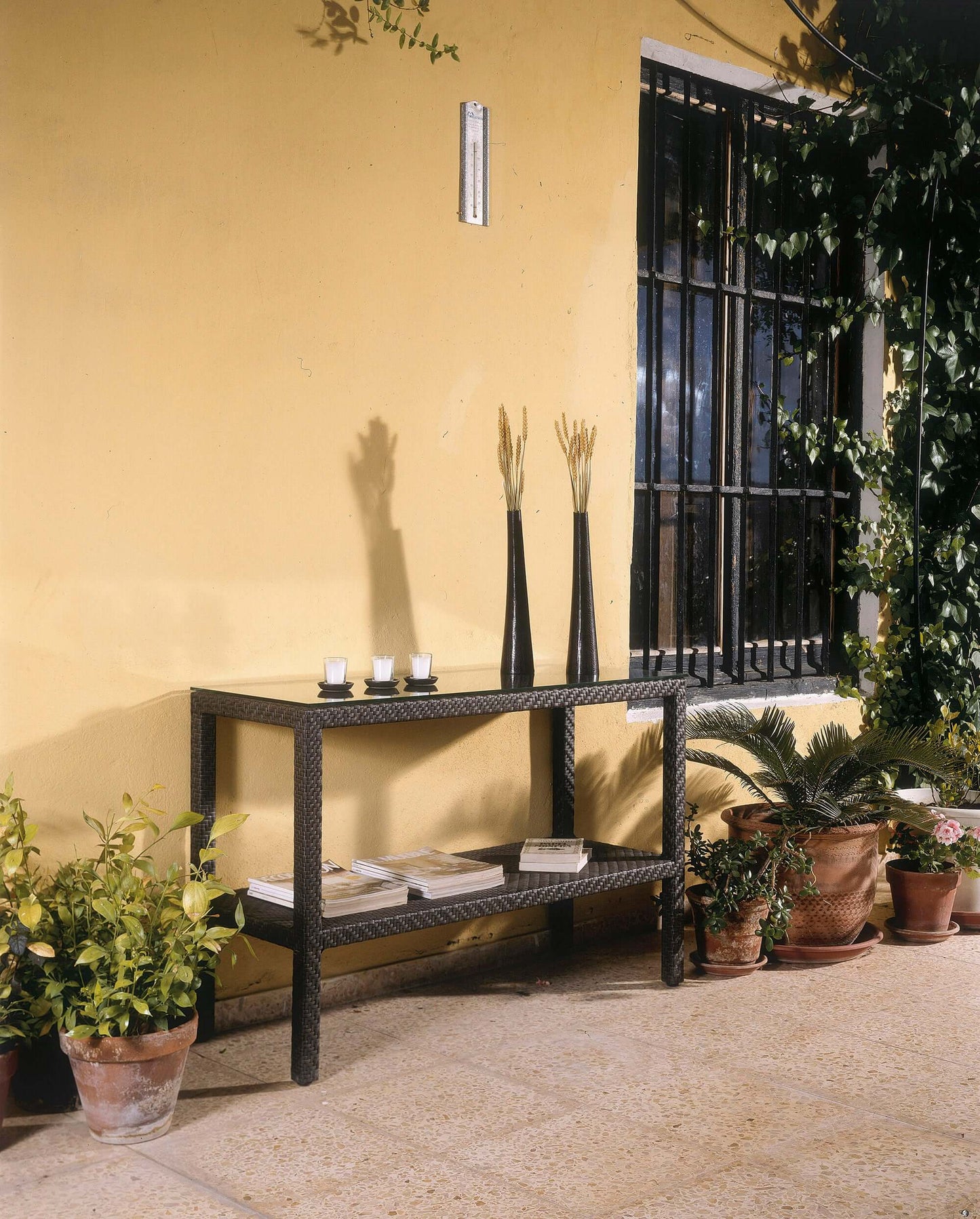 Contemporary Outdoor Console Table with multi shelf design and glass top included