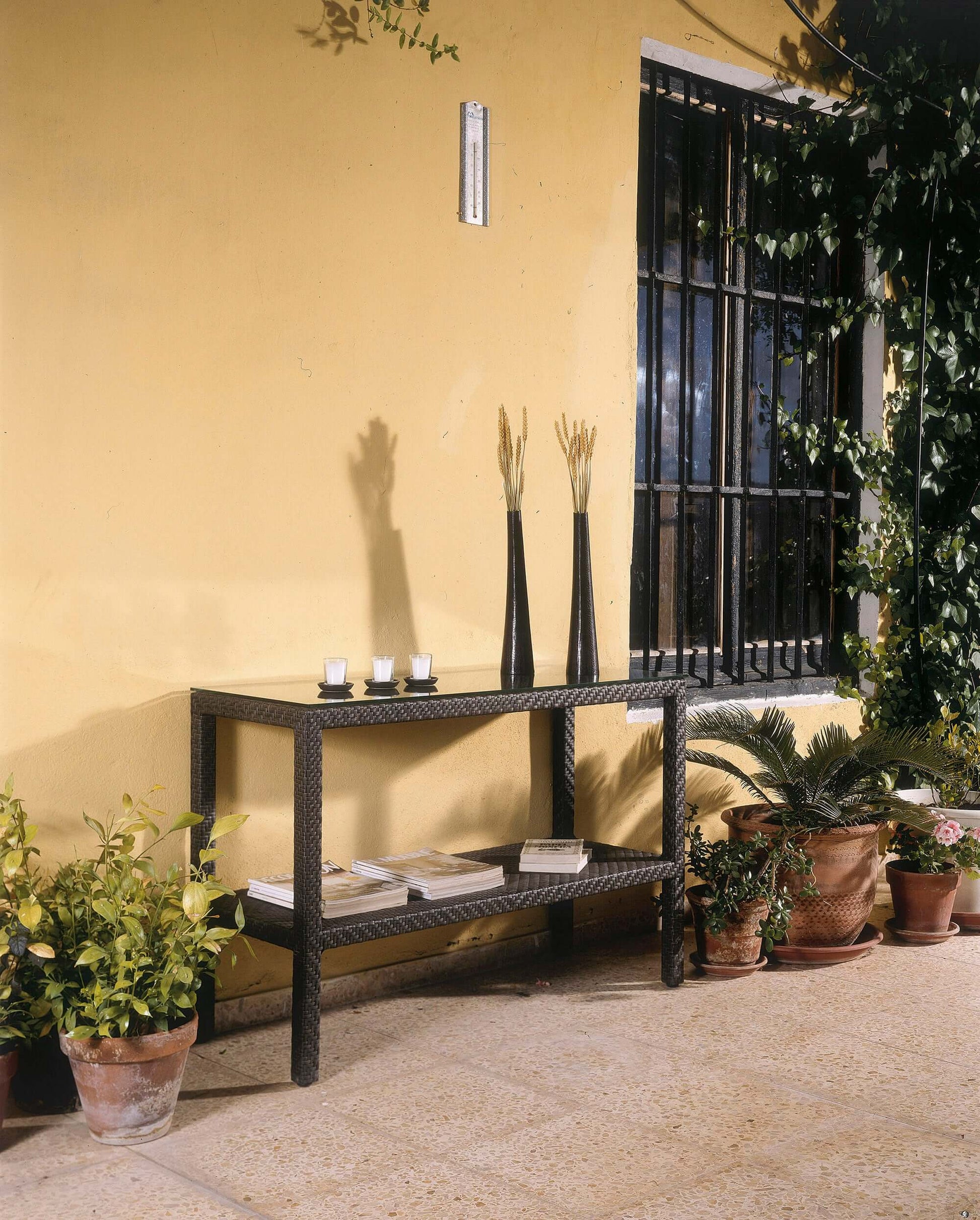 Contemporary Outdoor Console Table with multi shelf design and glass top included