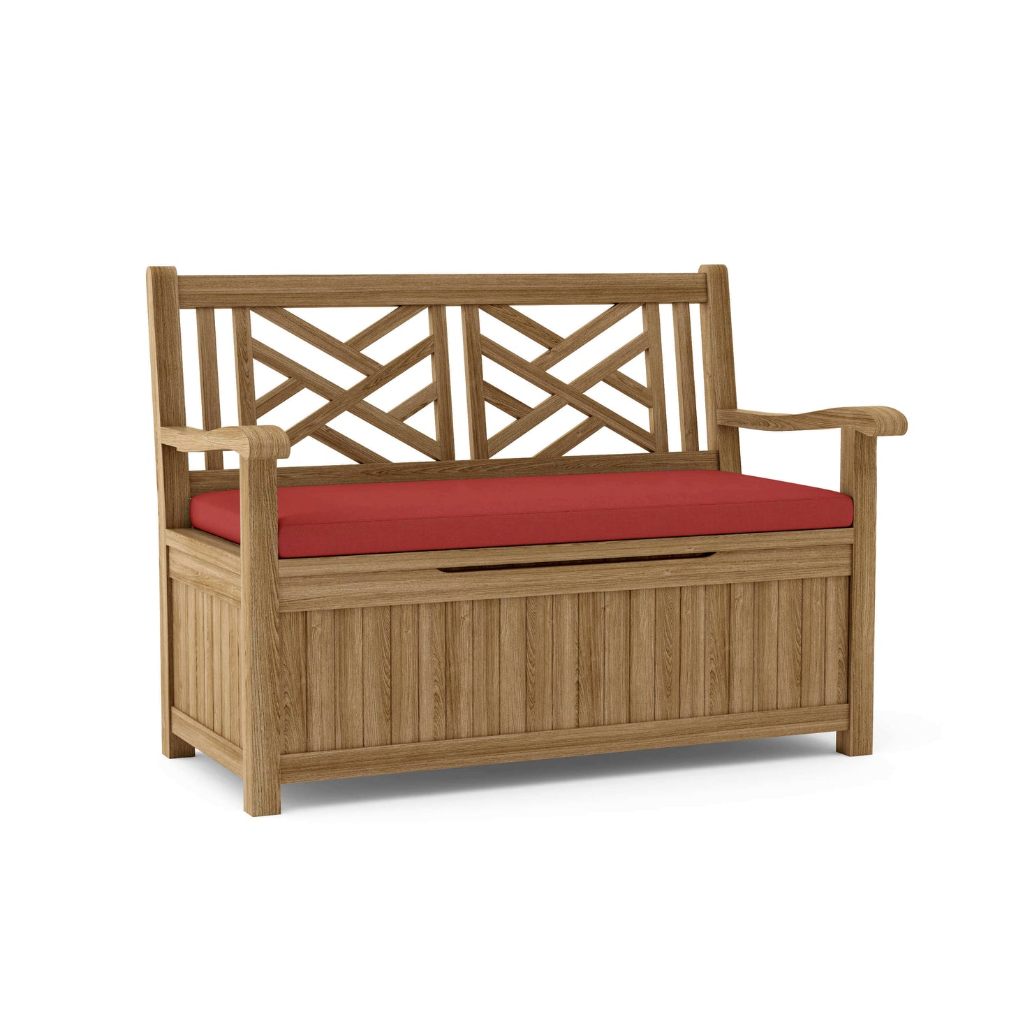 Anderson Teak Outdoor Storage Bench features a chic, contemporary design equipped with a spacious interior storage compartment