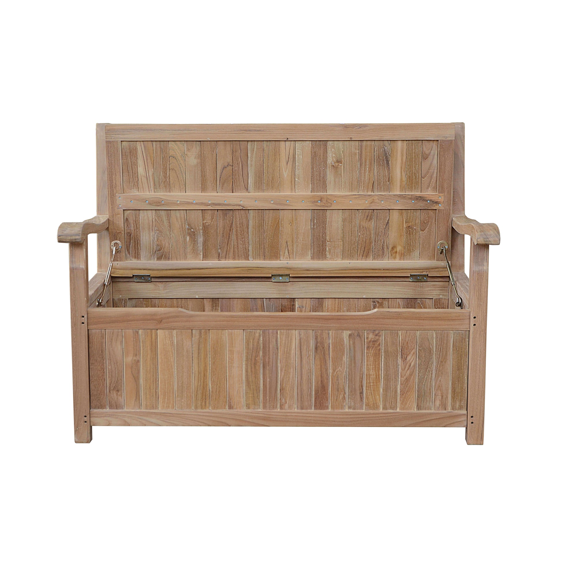 Anderson Teak Outdoor Storage Bench features a chic, contemporary design equipped with a spacious interior storage compartment